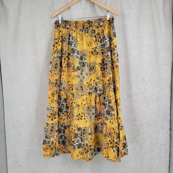 Pure Energy Teired Bohemian Western Maxi Skirt Sunflower Yellow Brown Floral - Picture 3 of 10